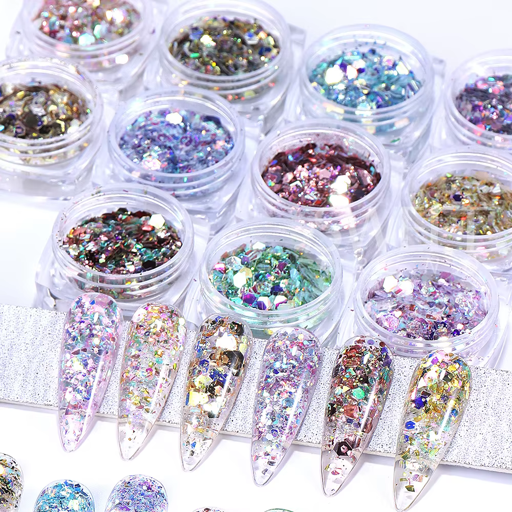 Paillettes holographiques hexagonales pour ongles, 12 couleurs, brillant, grosses paillettes irisées