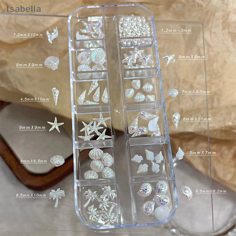 💕 12 grilles/boîte 3D étoile de mer et coquille décorations Nail Art, coquillage aurore et palmier b