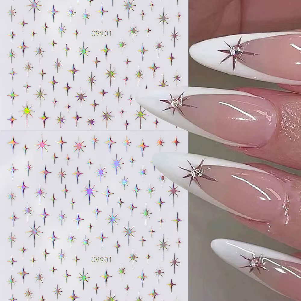 Autocollants pour ongles étoiles Laser 3D, 6 couleurs, miroir métallique doré argenté, décalcomanies