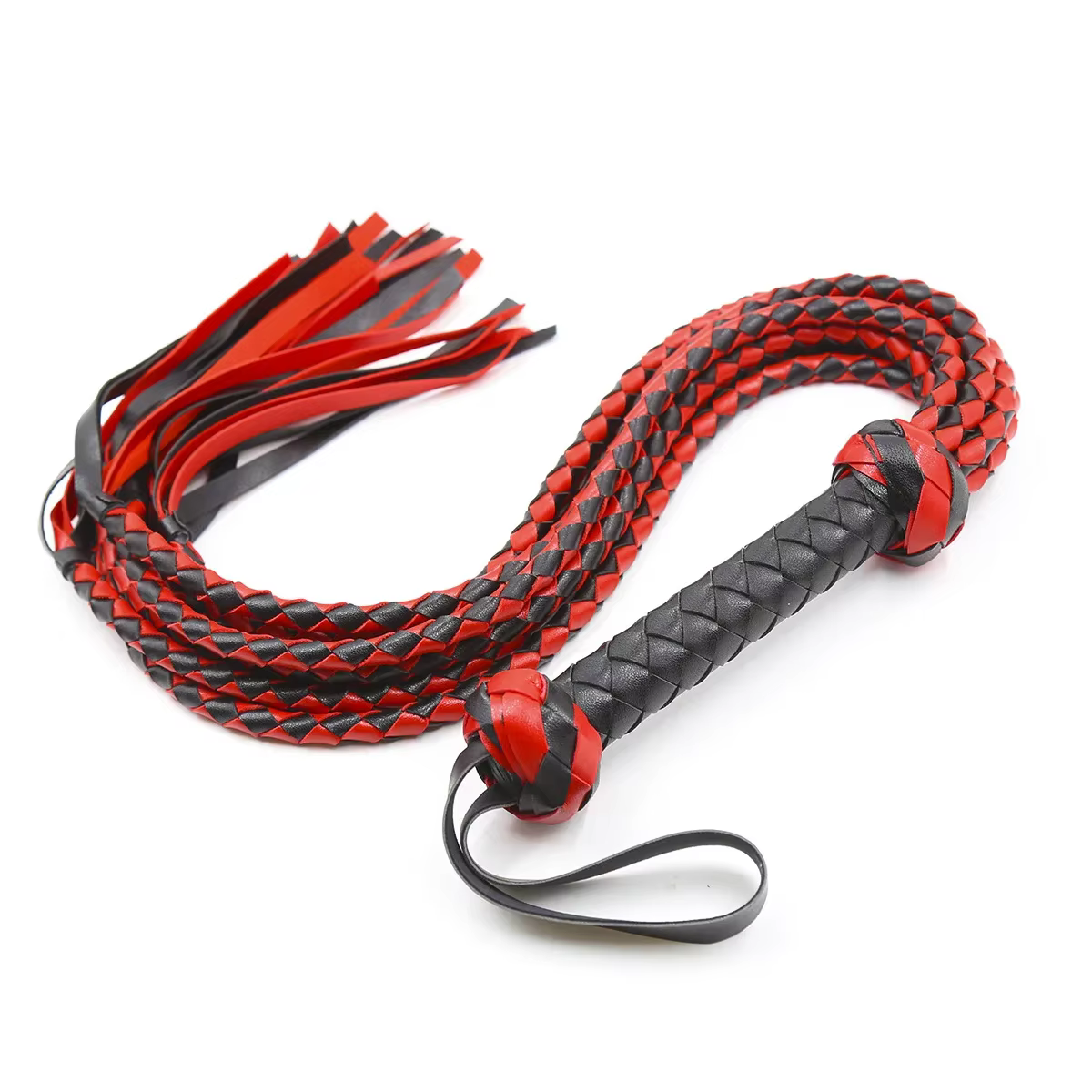 Fouet en cuir noir et rouge tressé avec poignée, fouet artisanal pour chevaux, fouet de course hippi