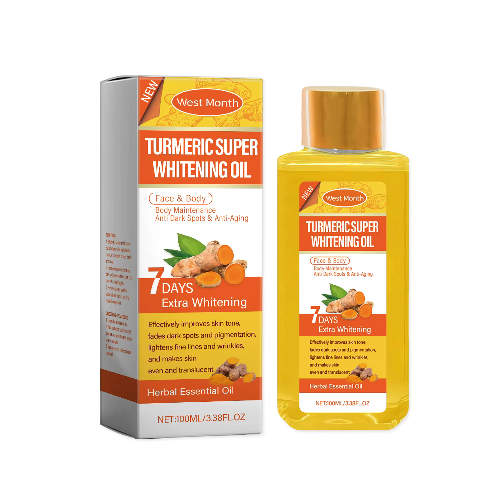 Huile corporelle au curcuma – Soins éclaircissants et hydratants pour la peau, formule légère et non
