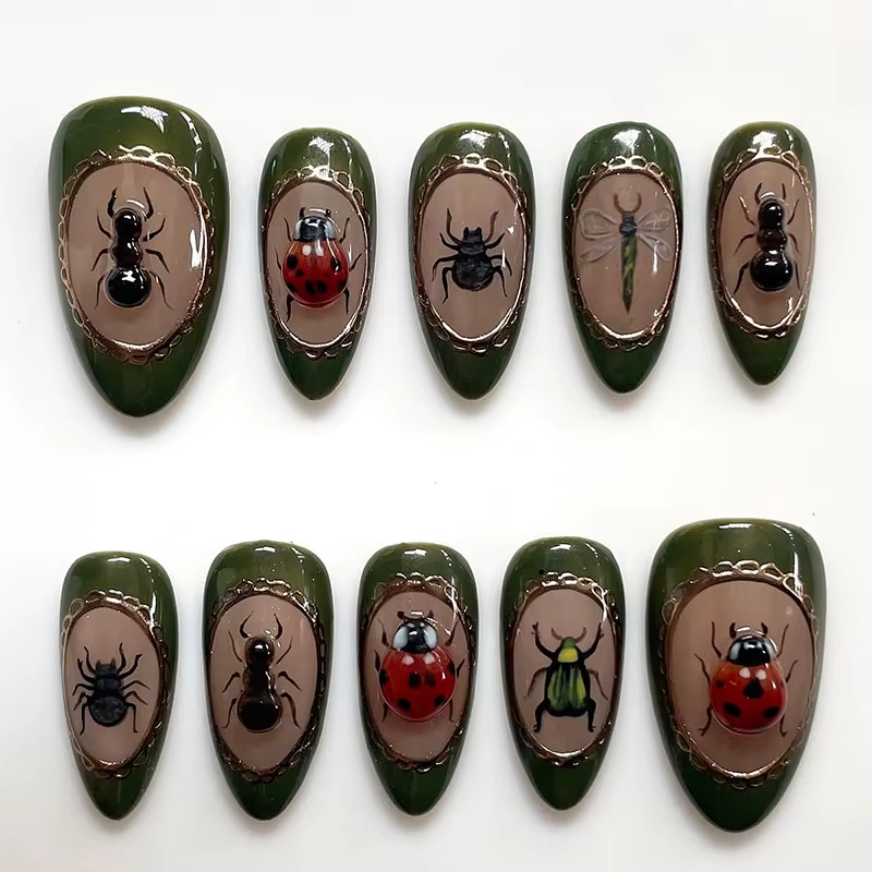 24 faux ongles en amande mi-longs à presser avec motif fleur insecte, couverture complète, réutilisa