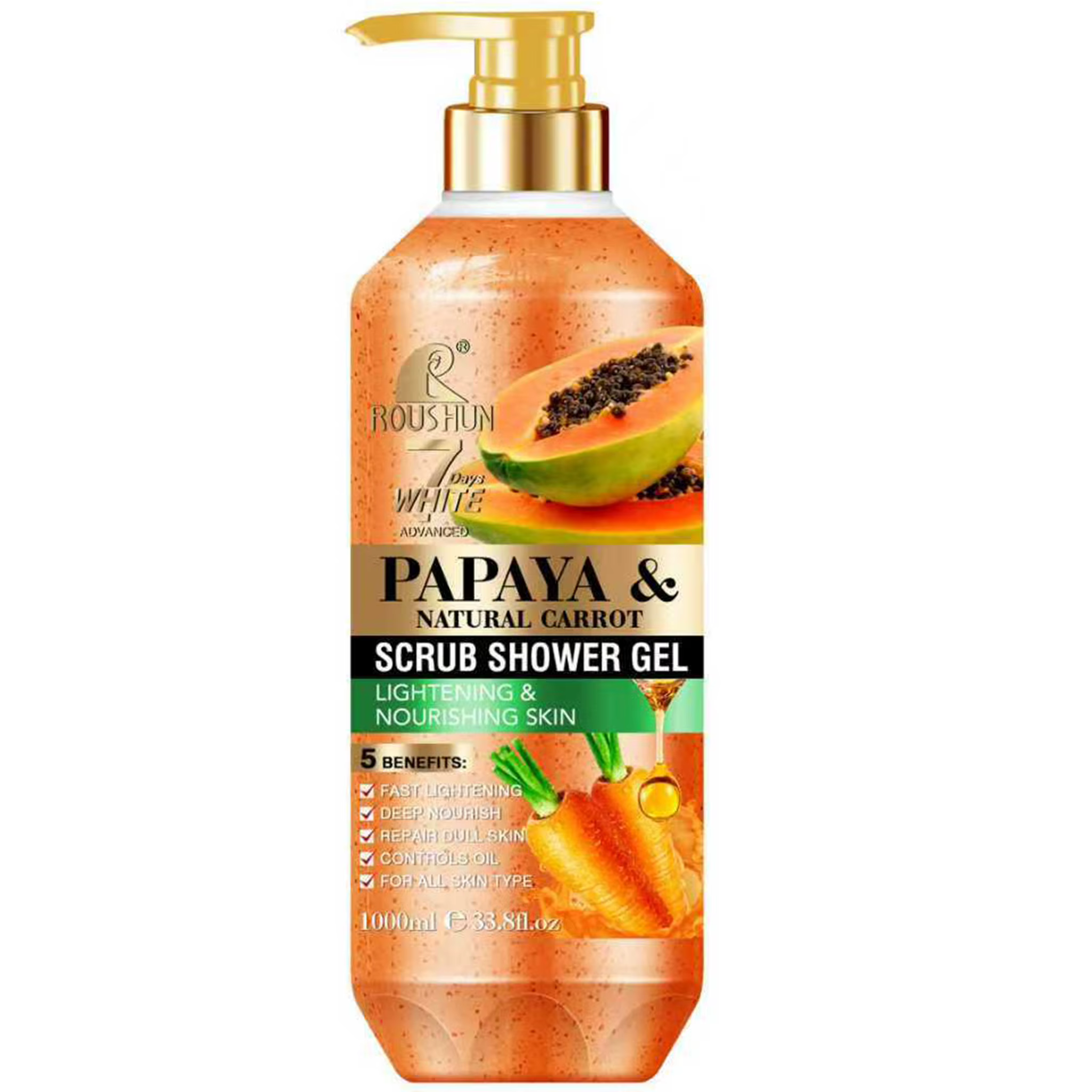 Gel douche exfoliant à la papaye et à la carotte ROUSHUN 1000ML, hydratant et préservant la fraîcheu