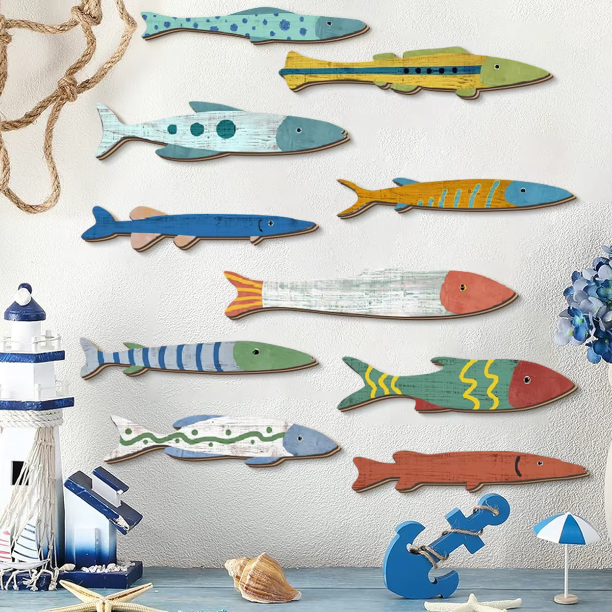 Décorations murales de poisson en bois peintes à la main colorées : ajoutez un charme d'éclaboussure
