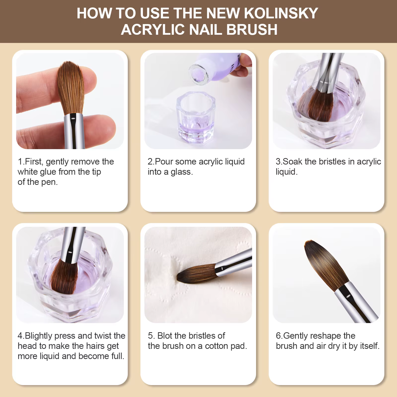 Brosse à ongles en acrylique Kolinsky, poils à cheveux Kolinsky, poignée ronde, brosse en acrylique,