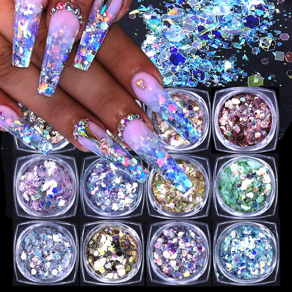Paillettes holographiques hexagonales pour ongles, 12 couleurs, brillant, grosses paillettes irisées