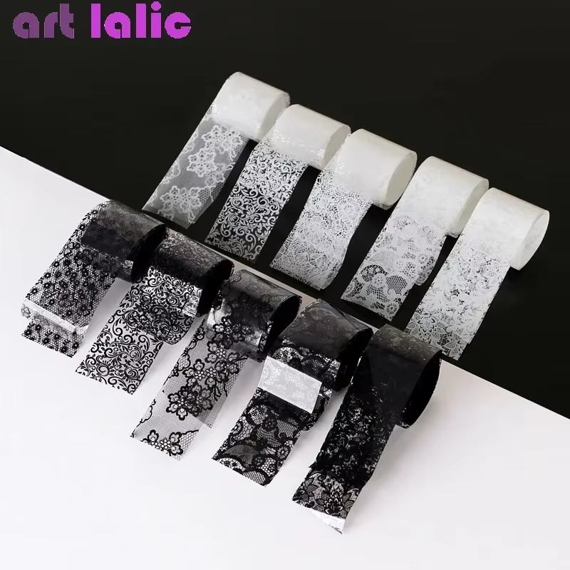 Feuille de transfert de dentelle noire et blanche, 10 rouleaux de 2.5x60cm, pour Nail Art, enveloppe
