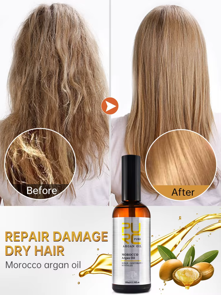 PURC – huile d'argan marocaine, traitement lissant pour cheveux, réparation des frisottis endommagés