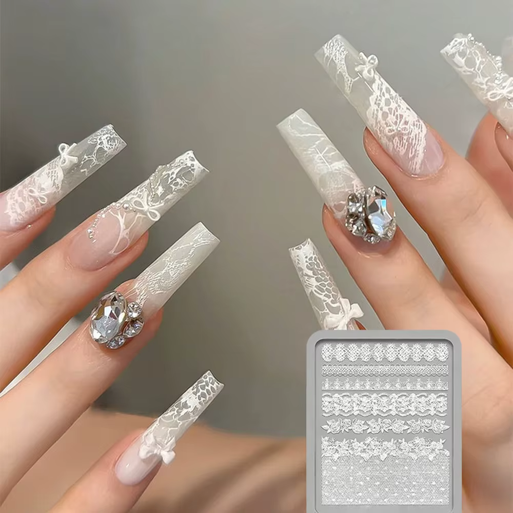 1 pièce Moule en silicone 3D pour nail art, motifs dentelle rose, ajouré, français, à carreaux, brel