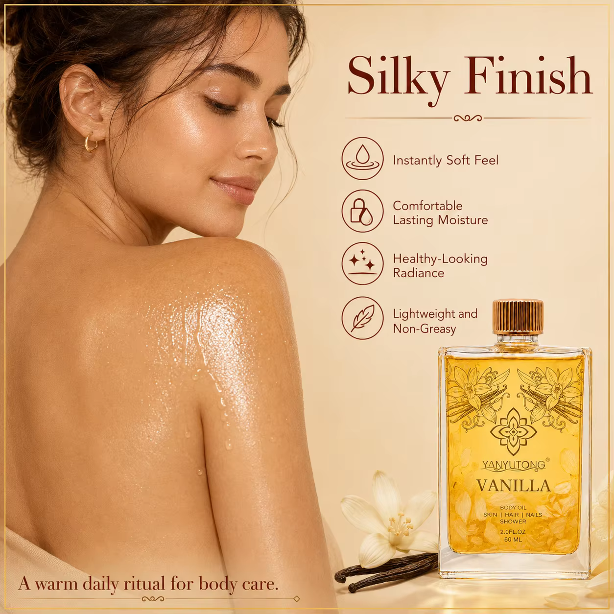 60 ml d'huile essentielle de vanille, nourrissante et hydratante, absorption rapide, douce, apaisante pour les peaux sèches, parfum longue durée.