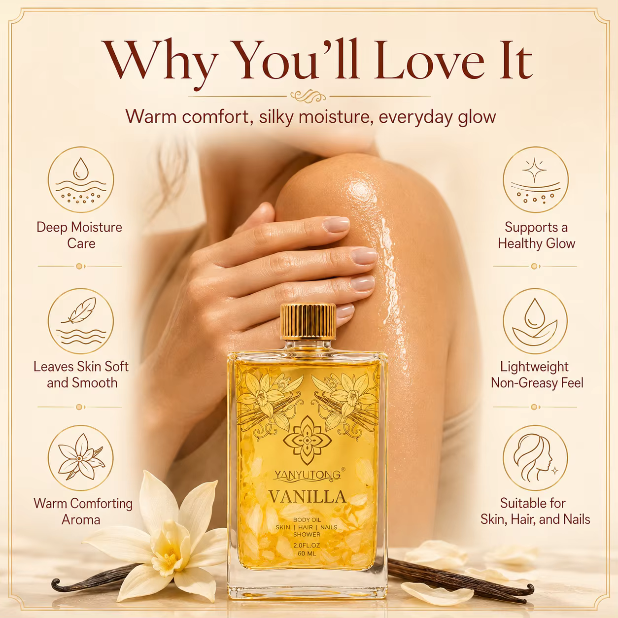 60 ml d'huile essentielle de vanille, nourrissante et hydratante, absorption rapide, douce, apaisante pour les peaux sèches, parfum longue durée.