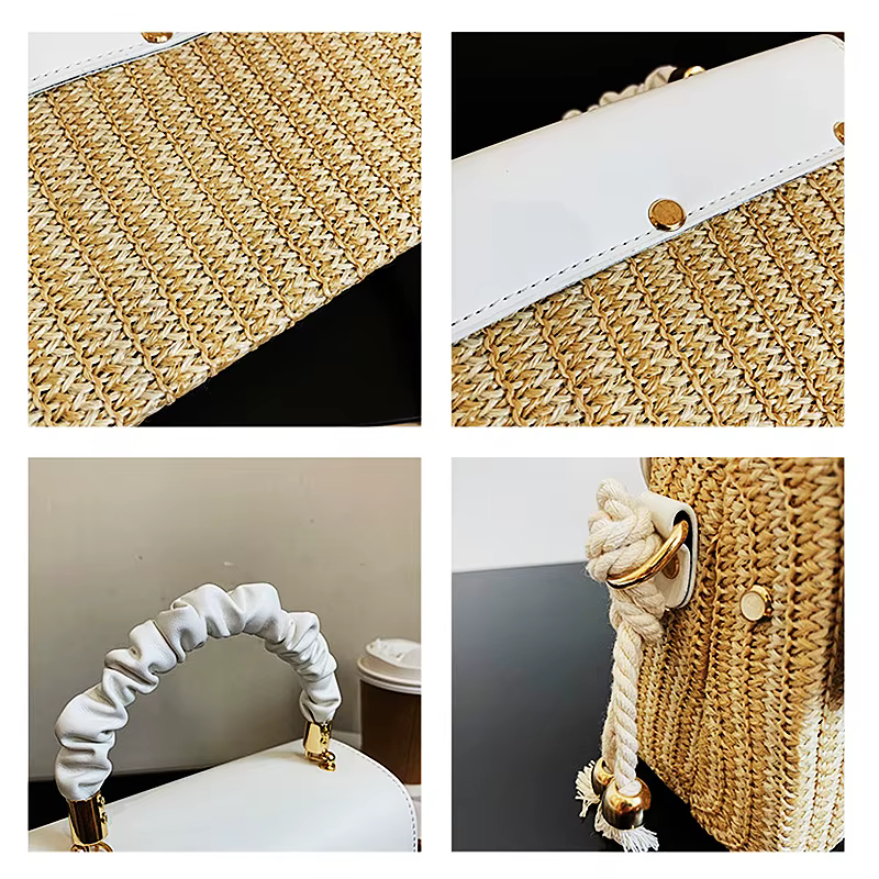 Sac de plage en paille pour femmes, poignée plissée, sac de luxe de styliste, couleur contrastée, sac à main et sac à main pour dames, été 2021