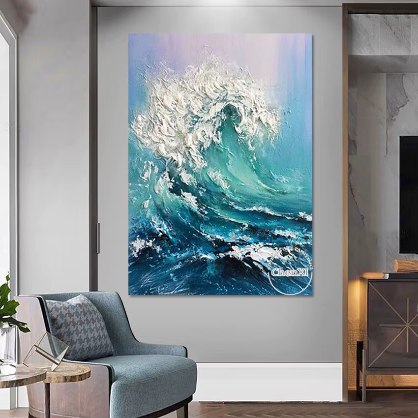 Toile murale peinture à l'huile, mer avec des vagues battantes, image d'art de chambre à coucher, décoration d'appartement, sans cadre, de haute qualité