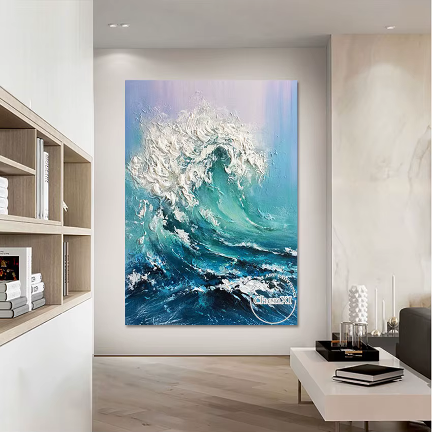 Toile murale peinture à l'huile, mer avec des vagues battantes, image d'art de chambre à coucher, décoration d'appartement, sans cadre, de haute qualité