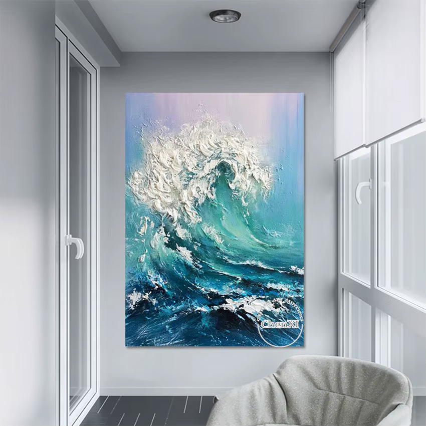Toile murale peinture à l'huile, mer avec des vagues battantes, image d'art de chambre à coucher, décoration d'appartement, sans cadre, de haute qualité