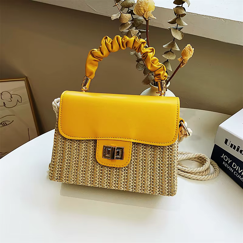 Sac de plage en paille pour femmes, poignée plissée, sac de luxe de styliste, couleur contrastée, sac à main et sac à main pour dames, été 2021
