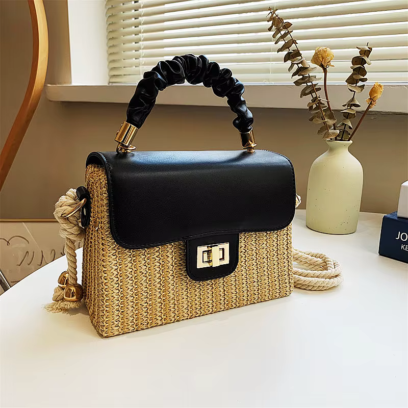 Sac de plage en paille pour femmes, poignée plissée, sac de luxe de styliste, couleur contrastée, sac à main et sac à main pour dames, été 2021