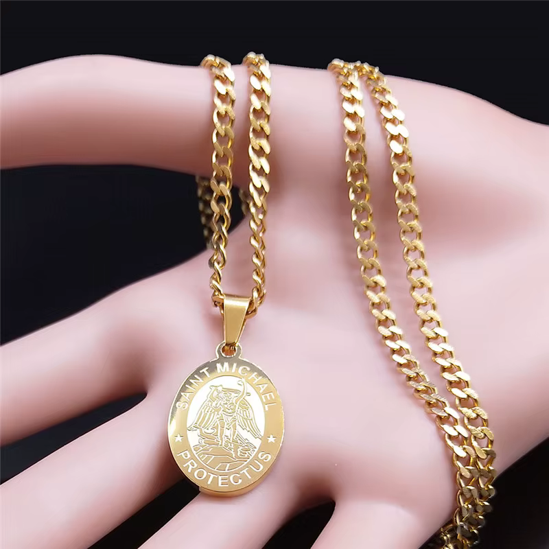SAINT MICHAEL PROTECT US archange acier inoxydable Saint Michael collier hommes/femmes couleur or pendentif collier bijoux N3032S05