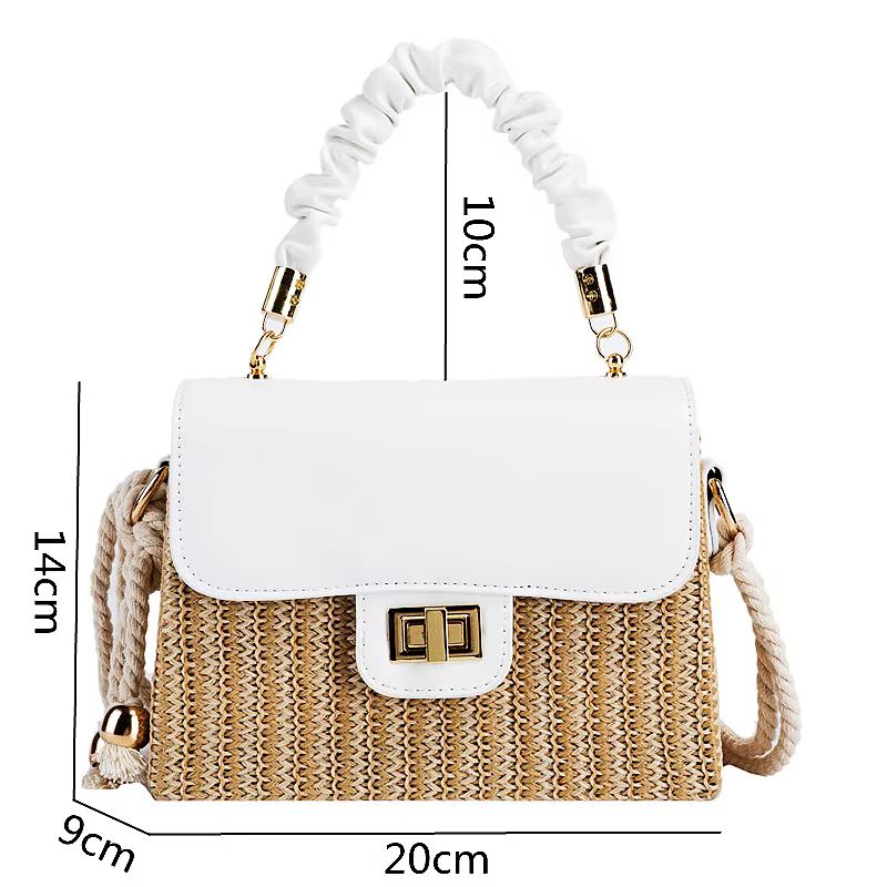 Sac de plage en paille pour femmes, poignée plissée, sac de luxe de styliste, couleur contrastée, sac à main et sac à main pour dames, été 2021