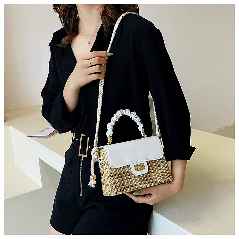 Sac de plage en paille pour femmes, poignée plissée, sac de luxe de styliste, couleur contrastée, sac à main et sac à main pour dames, été 2021