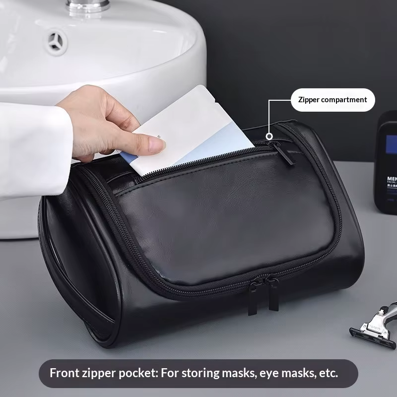 Sac de lavage en cuir pour hommes, grande capacité, voyage d'affaires, sac à cosmétiques Portable, conception multi-poches, sac de lavage en cuir portatif LI