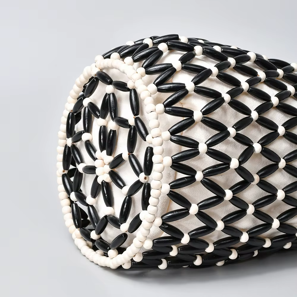 Sac à main tissé pour femmes, Design exquis, fourre-tout en perles de bois ajourées, sac seau à bandoulière, sac à main perlé fait à la main