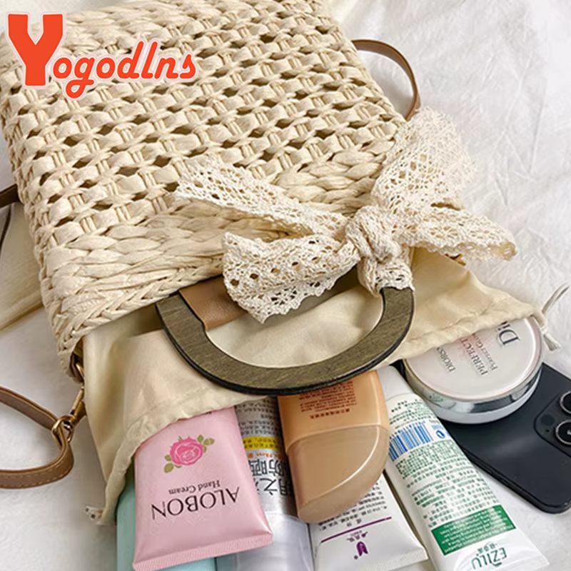 Sac à main en paille tissé à la main pour femmes, petit sac carré, forme de dentelle, nœud en rotin, capacité décontractée, plage initiée, sac à bandoulière
