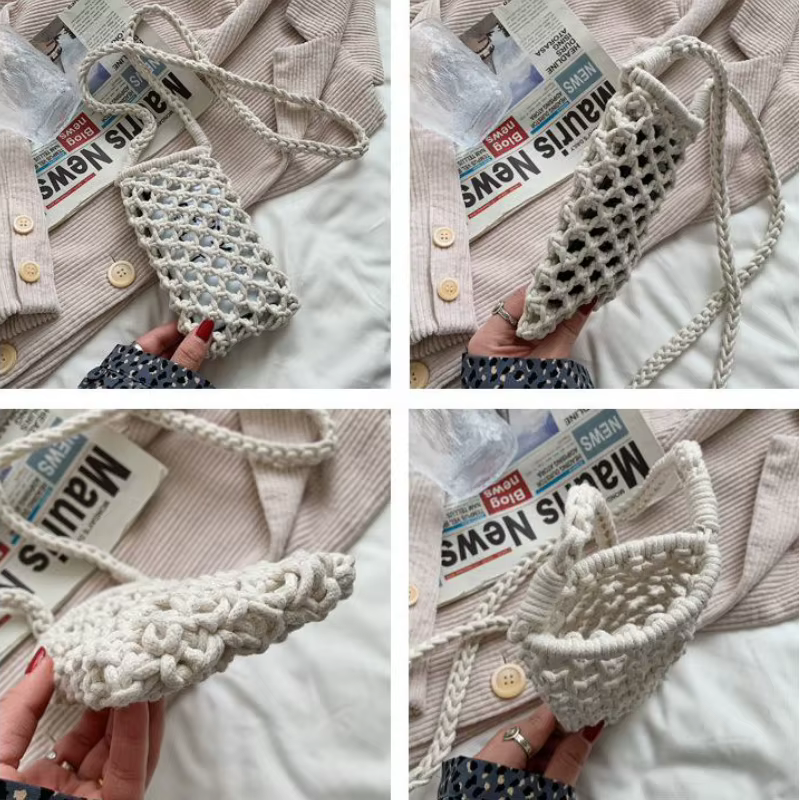 Sac bandoulière léger en crochet tressé ajouré de couleur unie pour femme, petit sac à main pour téléphone portable