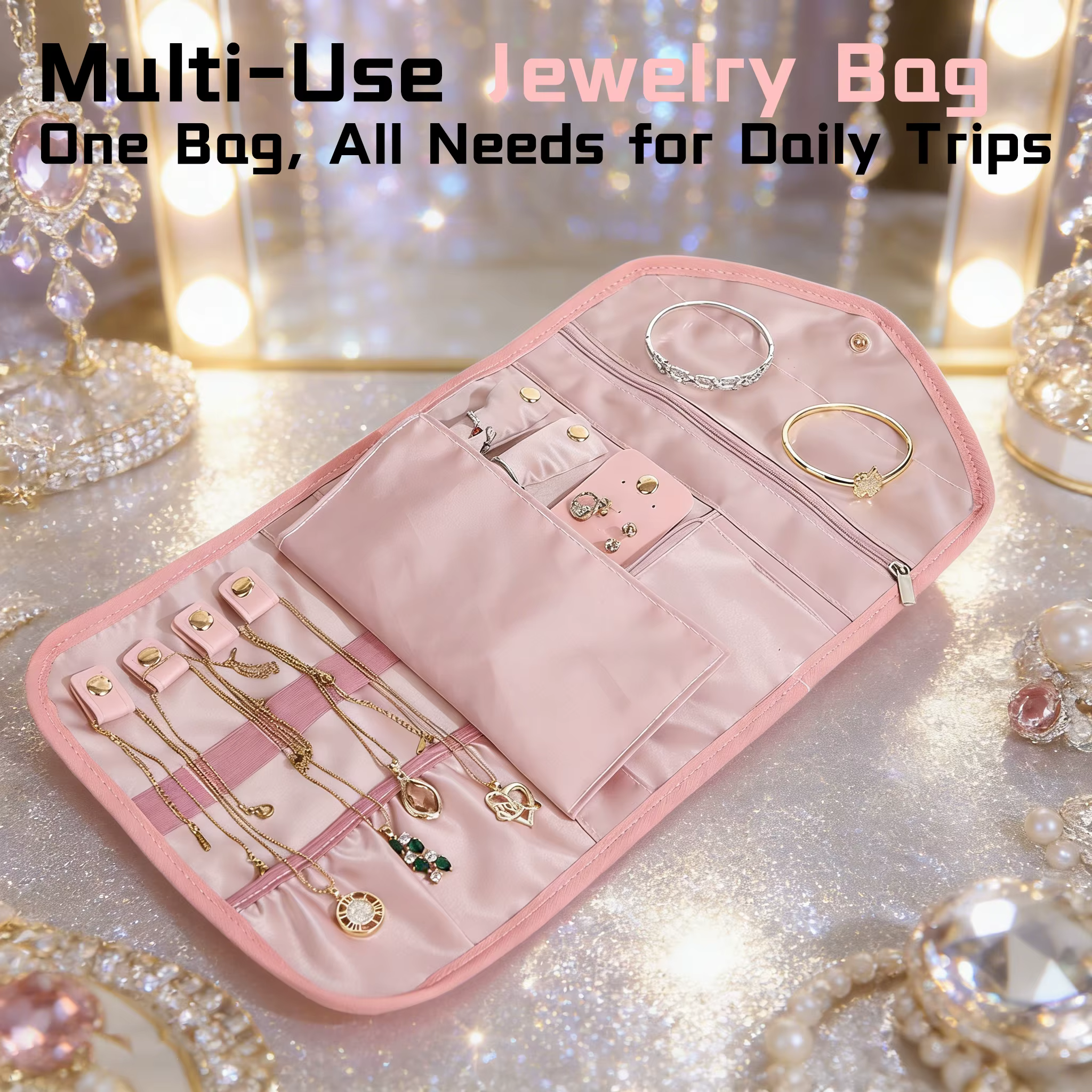 Étui à bijoux portable, sac de rangement de voyage avec hauteur réglable, sac à accessoires haut de gamme et exquis pour colliers, boucles d'oreilles et plus.
