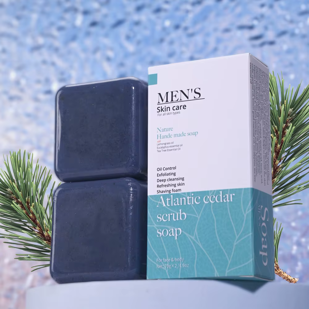 Cedrus Atlantica Savon Gommage pour Hommes Anti-Acné Herbal Olive Huile Lavage du Visage avec Motif Floral pour Adultes