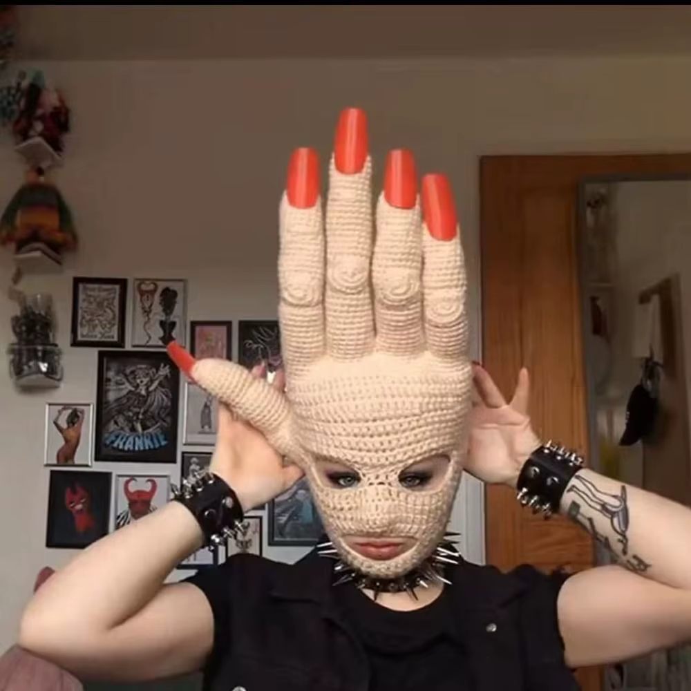 Couvre-tête en crochet en forme de paume, fait main, design amusant, accessoire de farce, chapeau créatif abstrait, nouveauté, masque facial en crochet