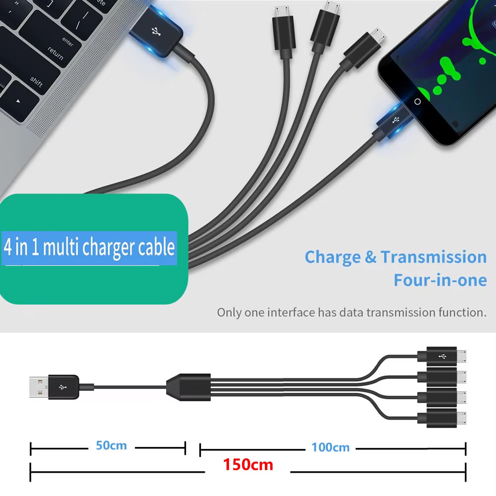 Câble de charge micro USB, 4 ports, répartiteur, prise en charge du diviseur de données