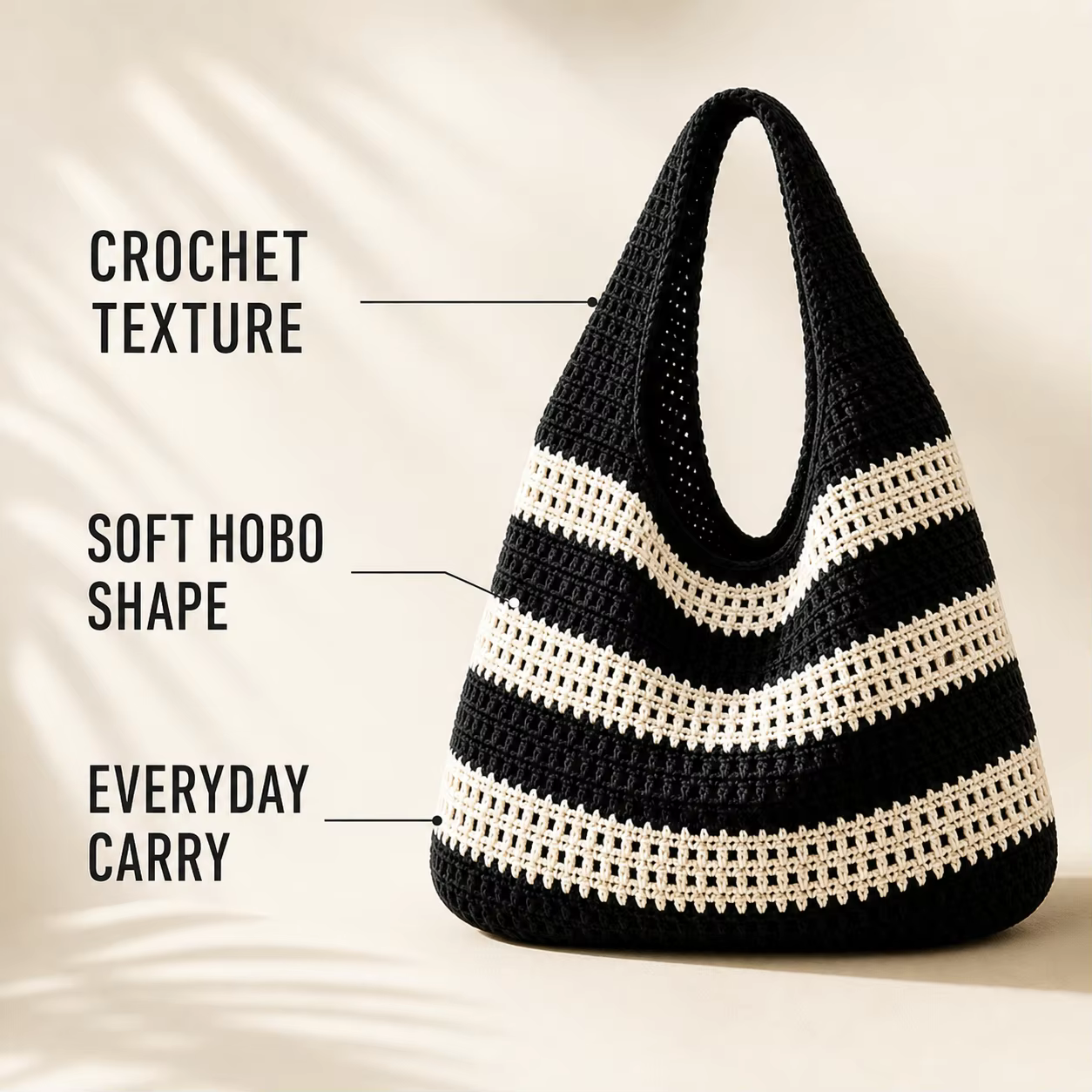 Sac à main en crochet pour femme, style rétro, fait main, rayé, décoratif, à bandoulière, grande capacité