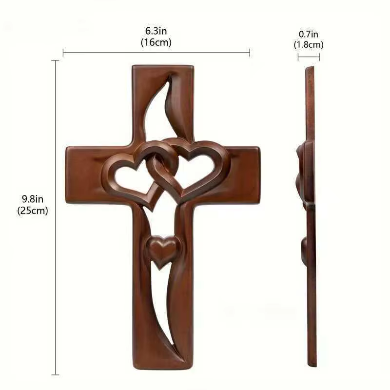 Décoration murale en bois rustique avec croix de cœurs entrelacés sculptée à la main, sculpture murale religieuse en bois à double cœurs entrelacés