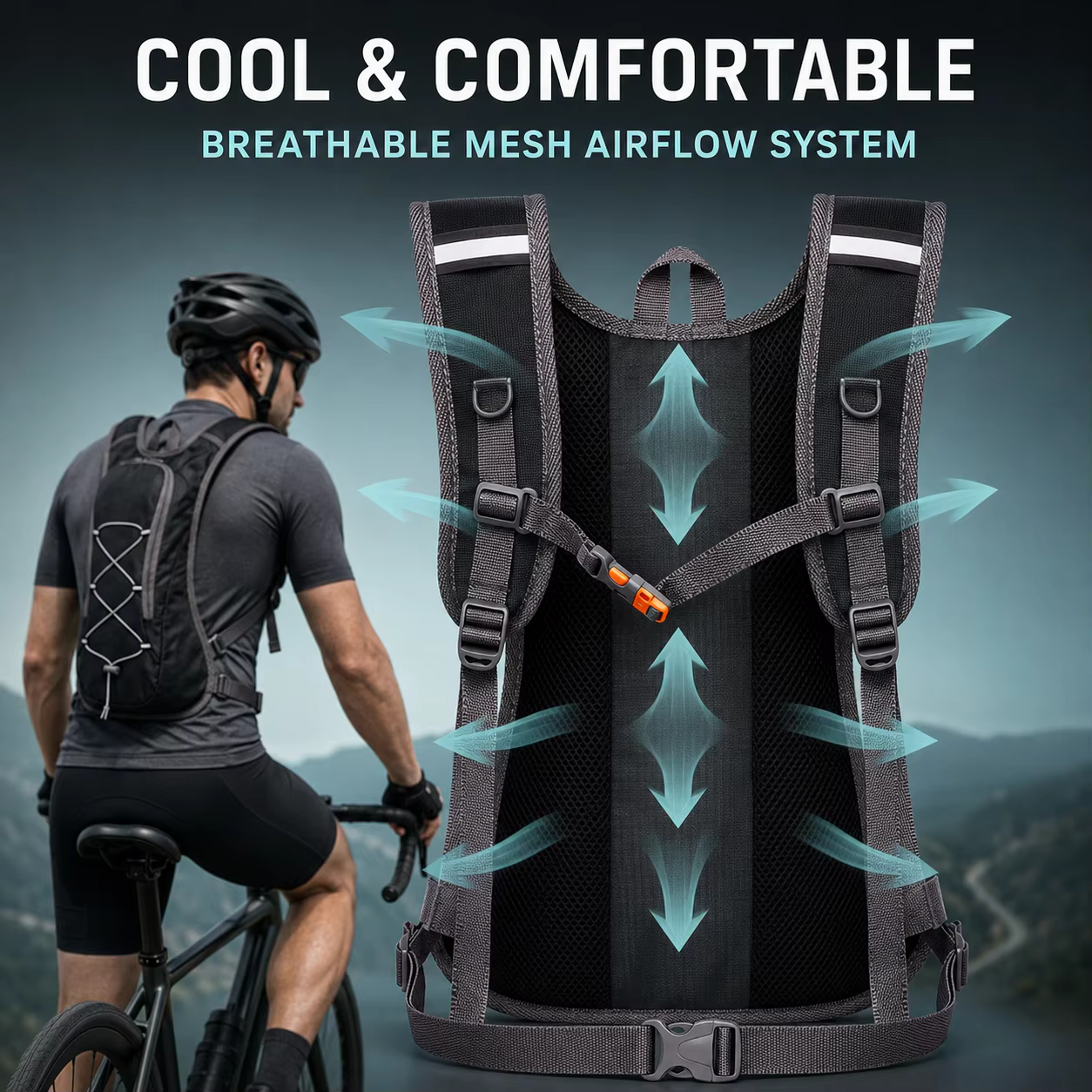 Sac à dos d'hydratation avec poche à eau de 2 L, sac de cyclisme léger en nylon réfléchissant pour la course à pied, la randonnée, le camping, les sports de plein air