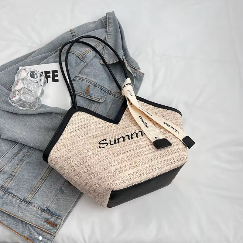 Sac fourre-tout tendance pour l'été - Nouvelle collection 2026, élégant sac en paille tressé à la main avec un grand espace de rangement pour femmes