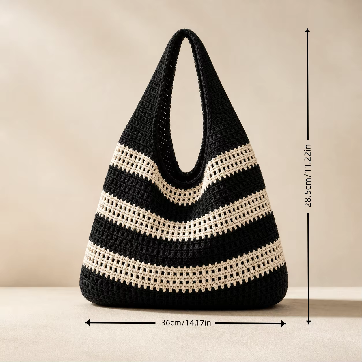 Sac à main en crochet pour femme, style rétro, fait main, rayé, décoratif, à bandoulière, grande capacité