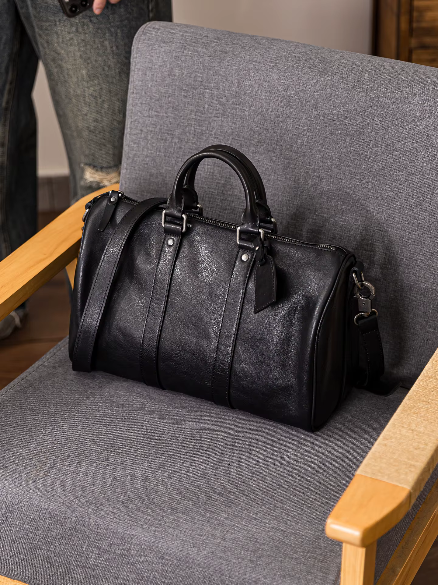 week-end en plein air fait à la main de luxe en cuir véritable hommes sac à bandoulière noir mode décontracté concepteur en cuir de vache grand sac à main noir