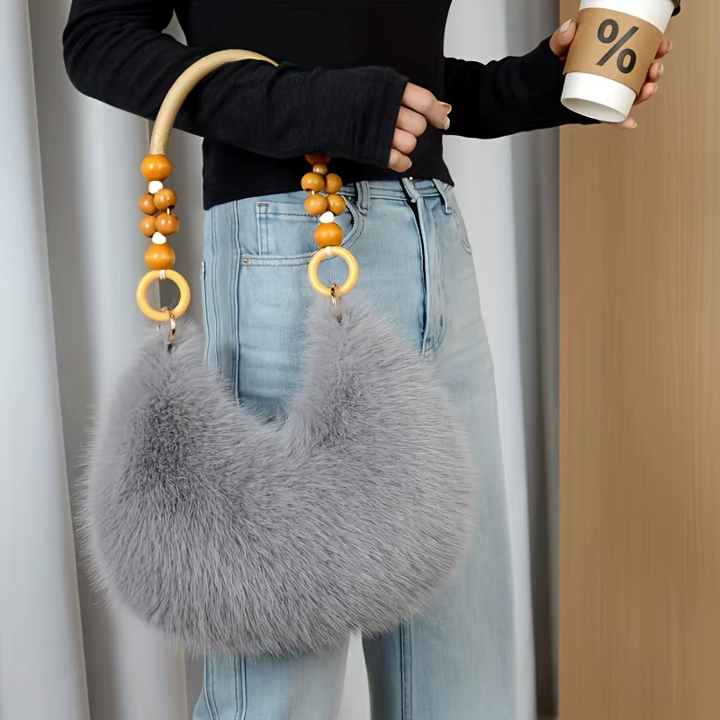 Faux sac à main pour femme, sac fourre-tout en peluche avec sangle accentuée de perles, sacs à main élégants à fermeture éclair, sacs à bandoulière pour tous les jours