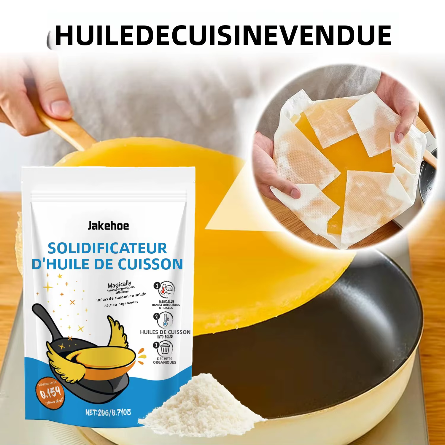 Poudre coagulante pour huile de cuisson à base de plantes naturelles, assèche jusqu'à 2,25 gallons d'huile de friture, coagulant de graisse écologique pour la cuisine