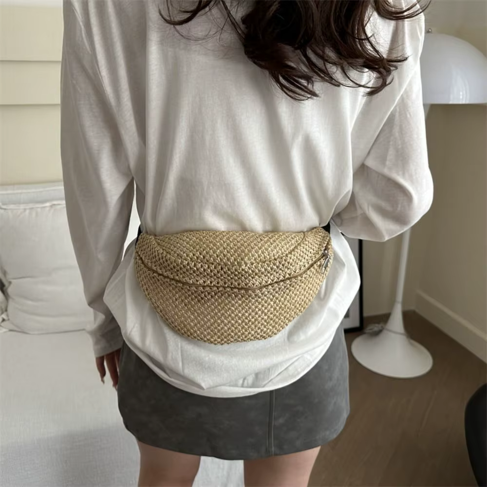 Sac demi-lune en paille tressée, pochette pour téléphone, sac à main tressé antivol, grande capacité, portable, réglable, pochette de sport pour la randonnée
