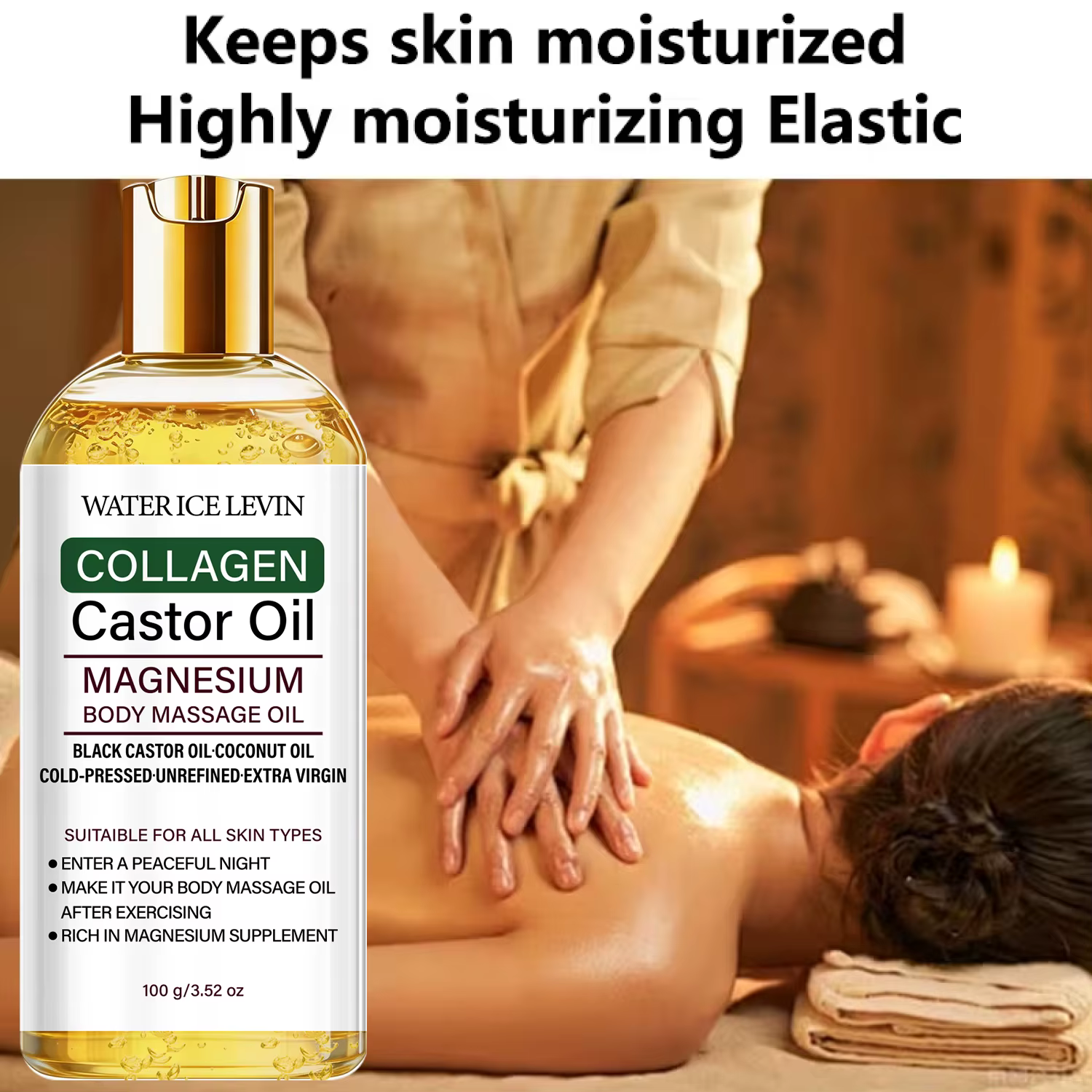 Huile de ricin pressée à froid pour massage corporel avec collagène et magnésium