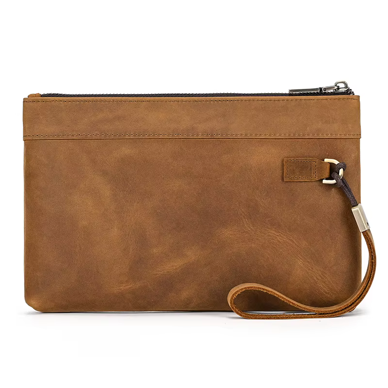 Sac à main Vintage RFID, brosse antivol, sac à main en peau de cheval fou, pochette pour hommes, sac de fichiers d'affaires en cuir de vache