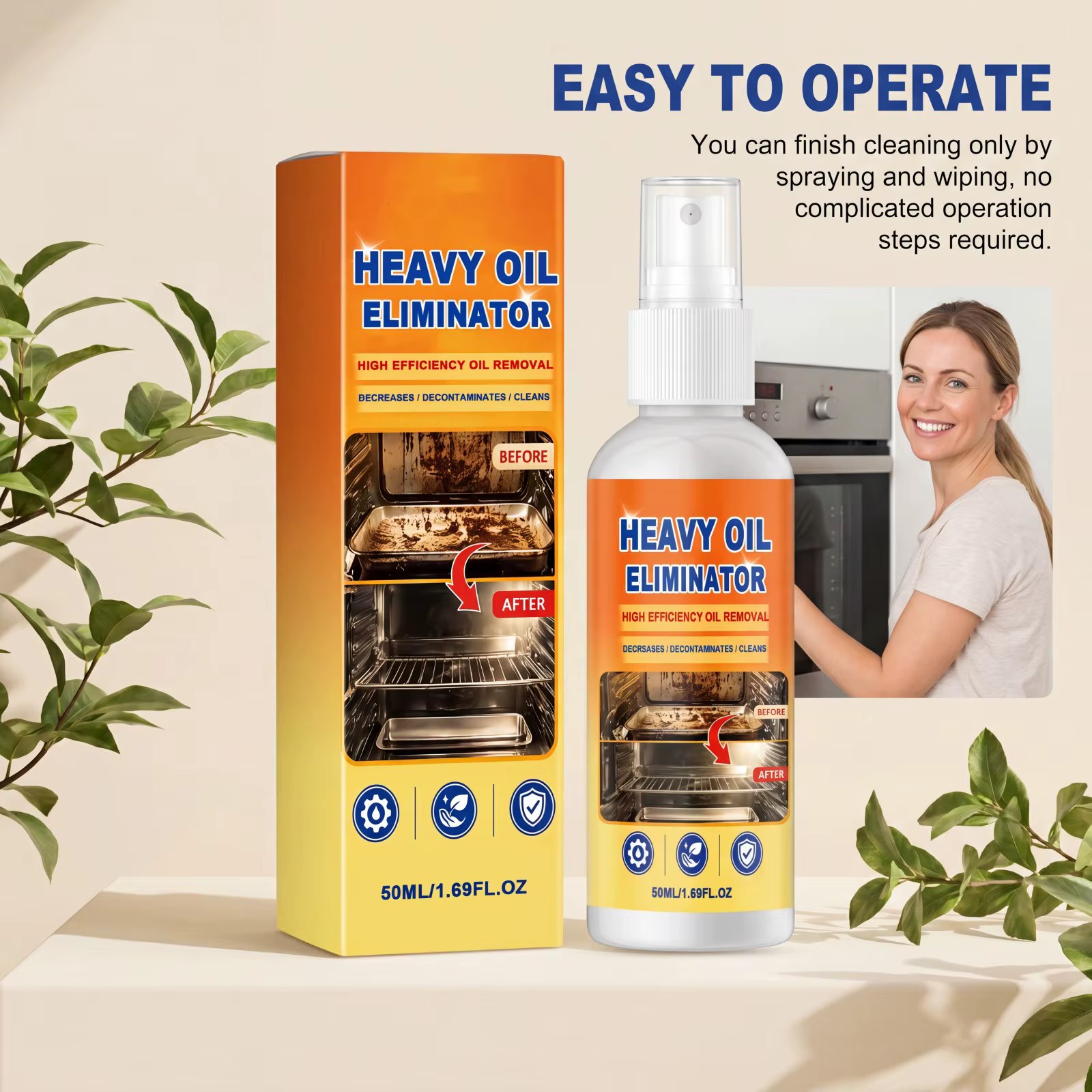Spray Nettoyant Dégraissant Puissant pour Cuisine - Éliminateur d'Huile Tenace pour Four, Hotte et Cuisinière - Dégraissant Multi-Surfaces à Action Rapide 50ml