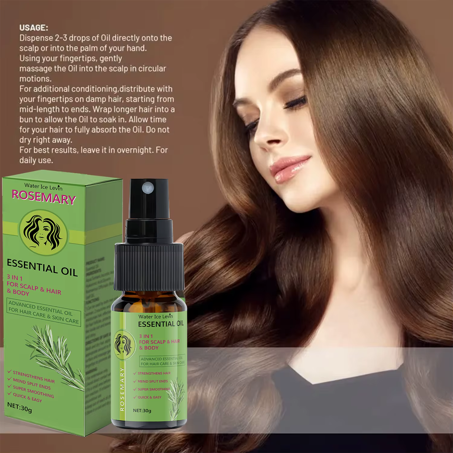 Huile Essentielle de Romarin 3 en 1 pour Cheveux et Cuir Chevelu - Renforce et Lisse
