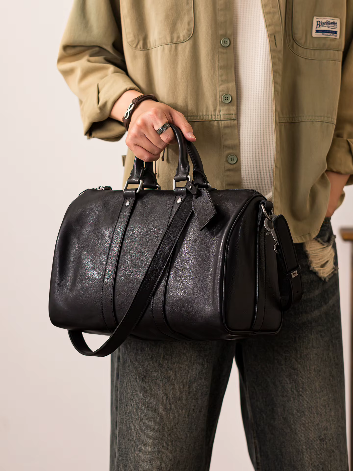 week-end en plein air fait à la main de luxe en cuir véritable hommes sac à bandoulière noir mode décontracté concepteur en cuir de vache grand sac à main noir