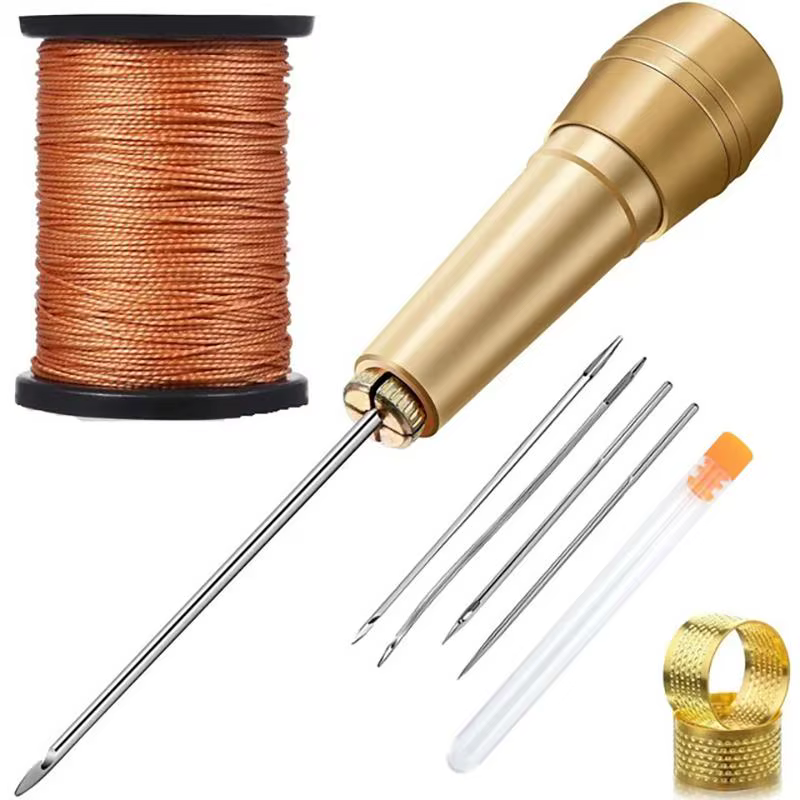 Kit de couture en cuir complet avec manche en cuivre, fil en nylon, outils de couture manuels polyvalents pour articles en cuir, réparation de vêtements, bricolage