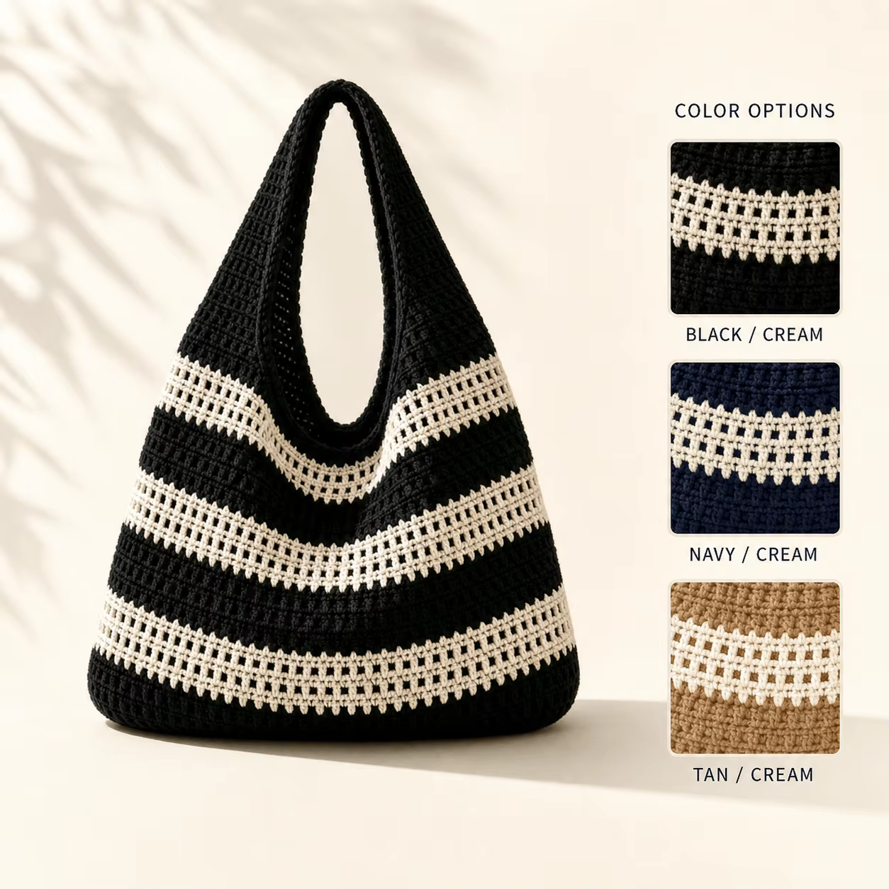 Sac à main en crochet pour femme, style rétro, fait main, rayé, décoratif, à bandoulière, grande capacité