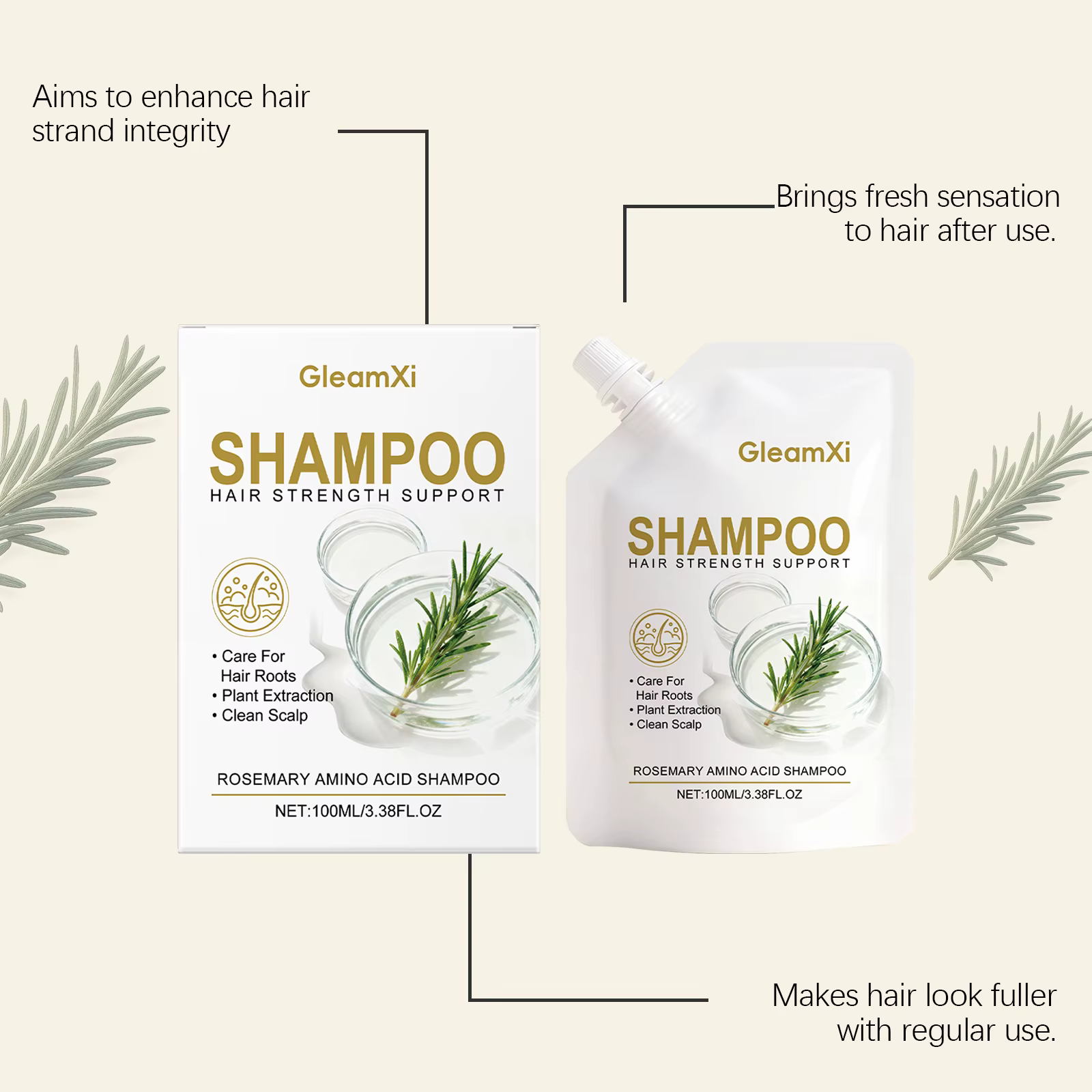 Shampoo à la Rosmarine Acide Aminé Volumisant pour Cheveux Gras Soin du Cuir Chevelu Épaississant Contrôle des Frisottis Brillance Hydratant Gratuit Hommes Femmes