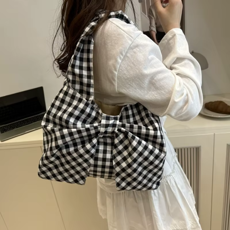 Sac à main chic à carreaux, sac à bandoulière avec nœud surdimensionné, sac sous le bras, sac fourre-tout en toile pour femme, sac à main décontracté pour les sorties